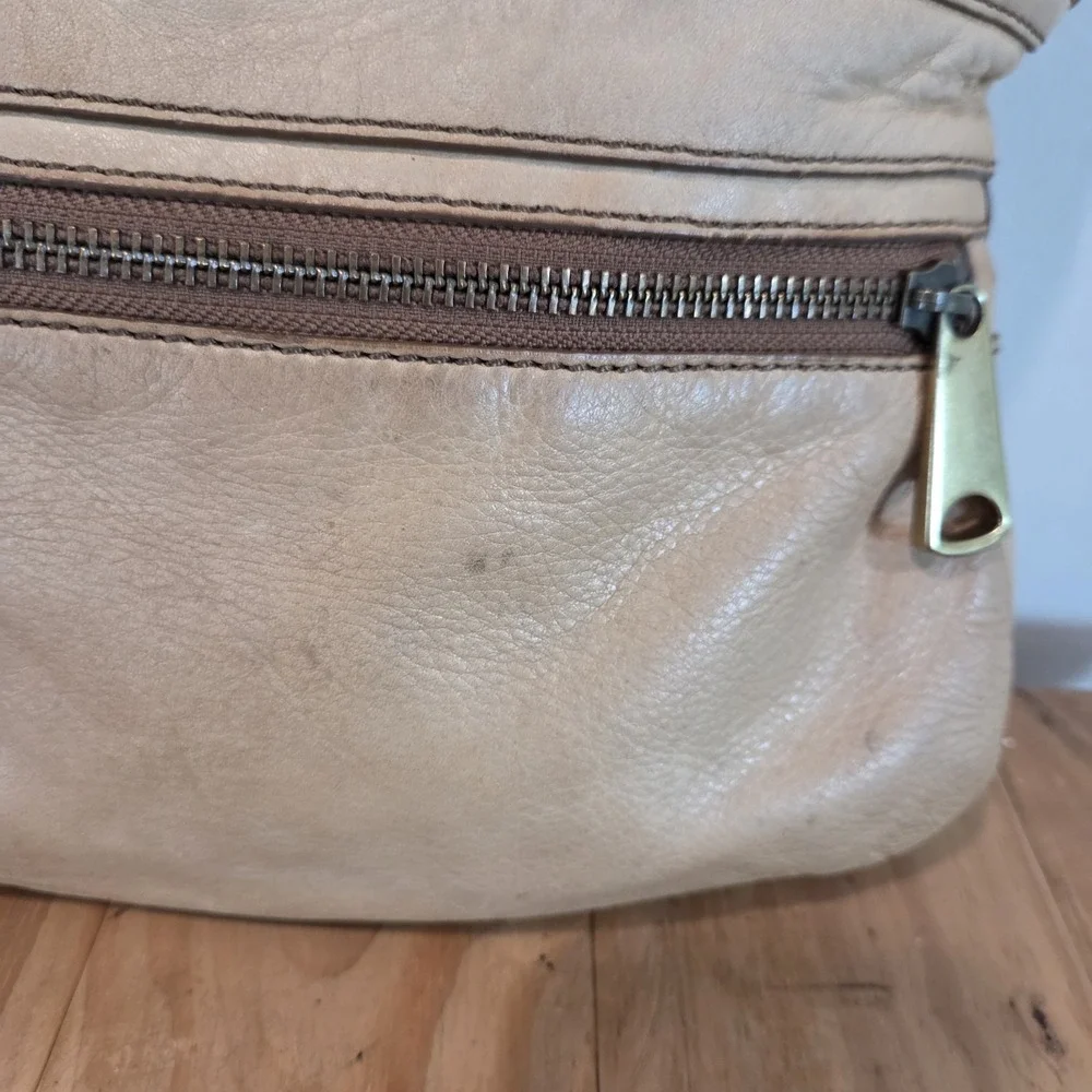 Fossil Tan Leather Crossbody Shoulder Bag Canvas Strap Key Charm Mul